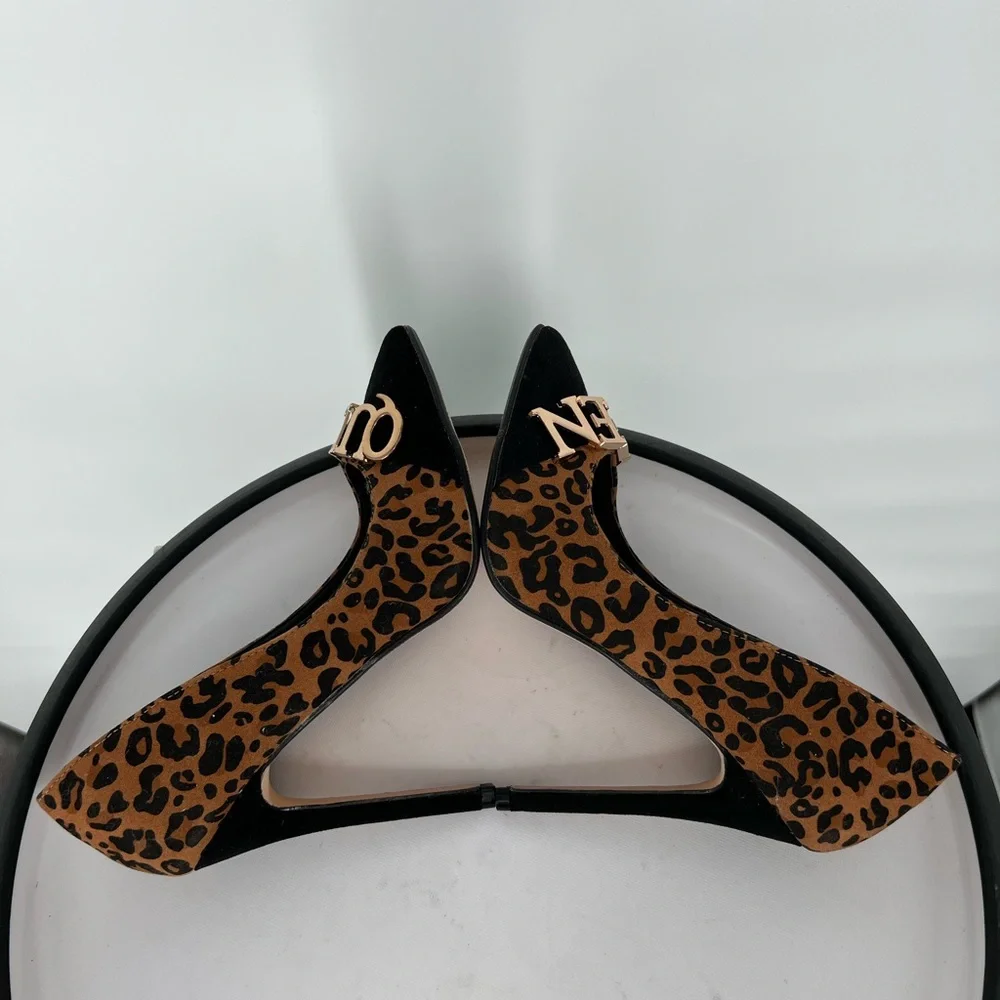 SHOE DAZZLE HEELS BLACK‎ CHEETAH QUEEN SLIP ON PUMPS, PADDED INSOLE, POINTED TOE